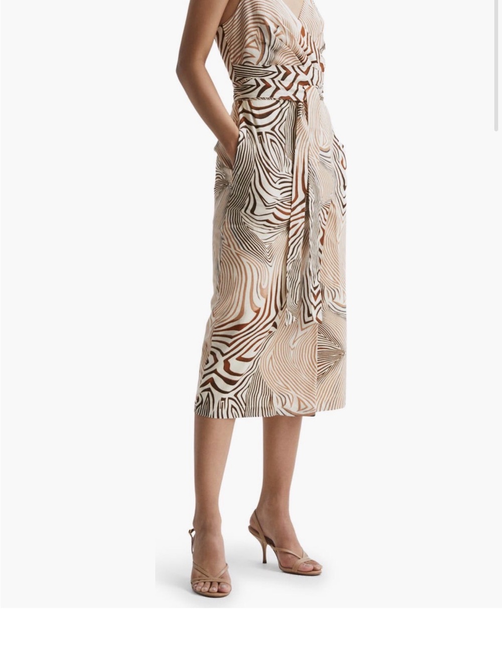 Reiss Brown and Cream Striped Zebra-Print Midi Dress